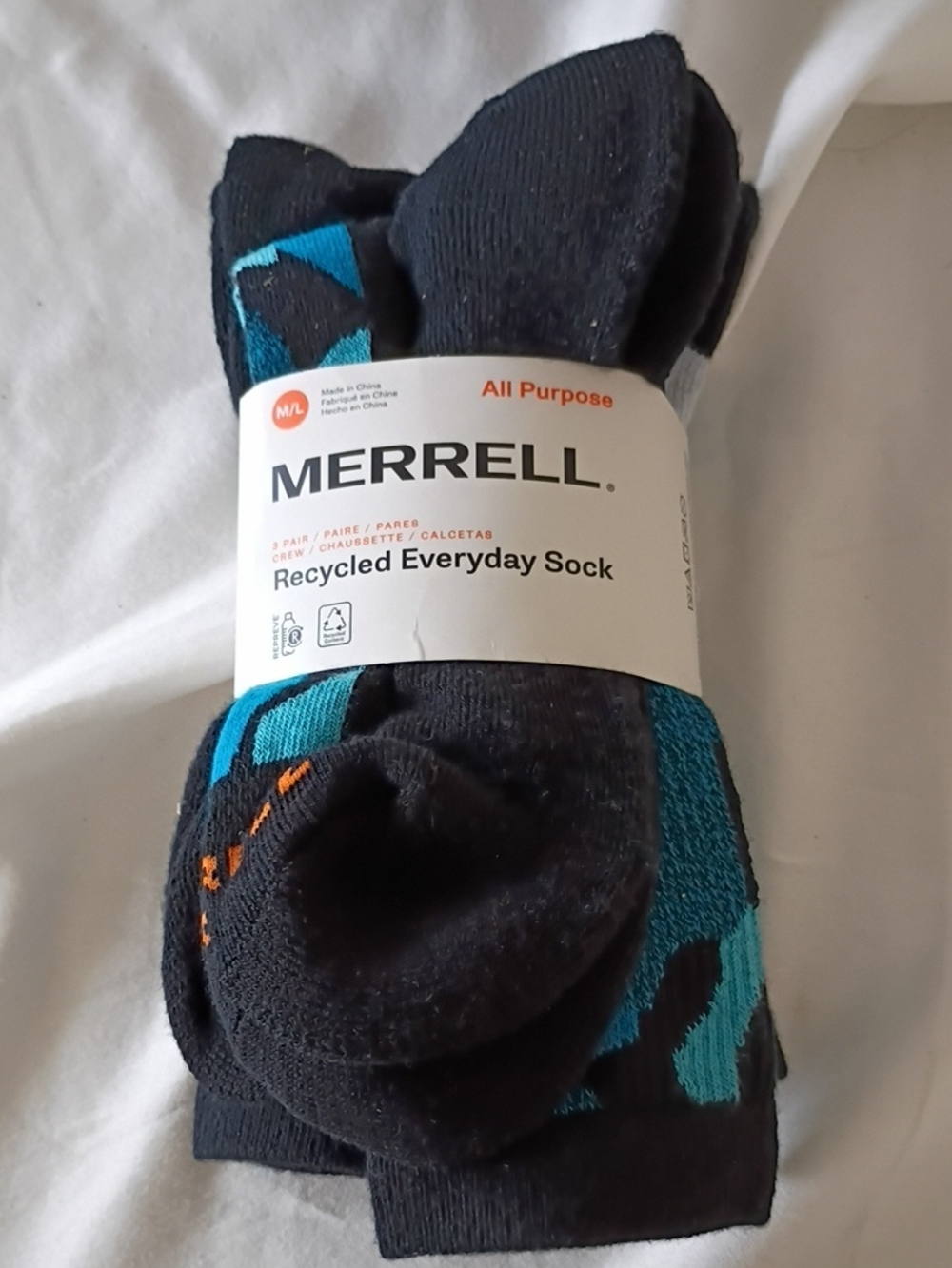 NWT Merrell All Purpose Repreve Recycled Everyday Sock 3 Pair Mens Sz M/L 9-12